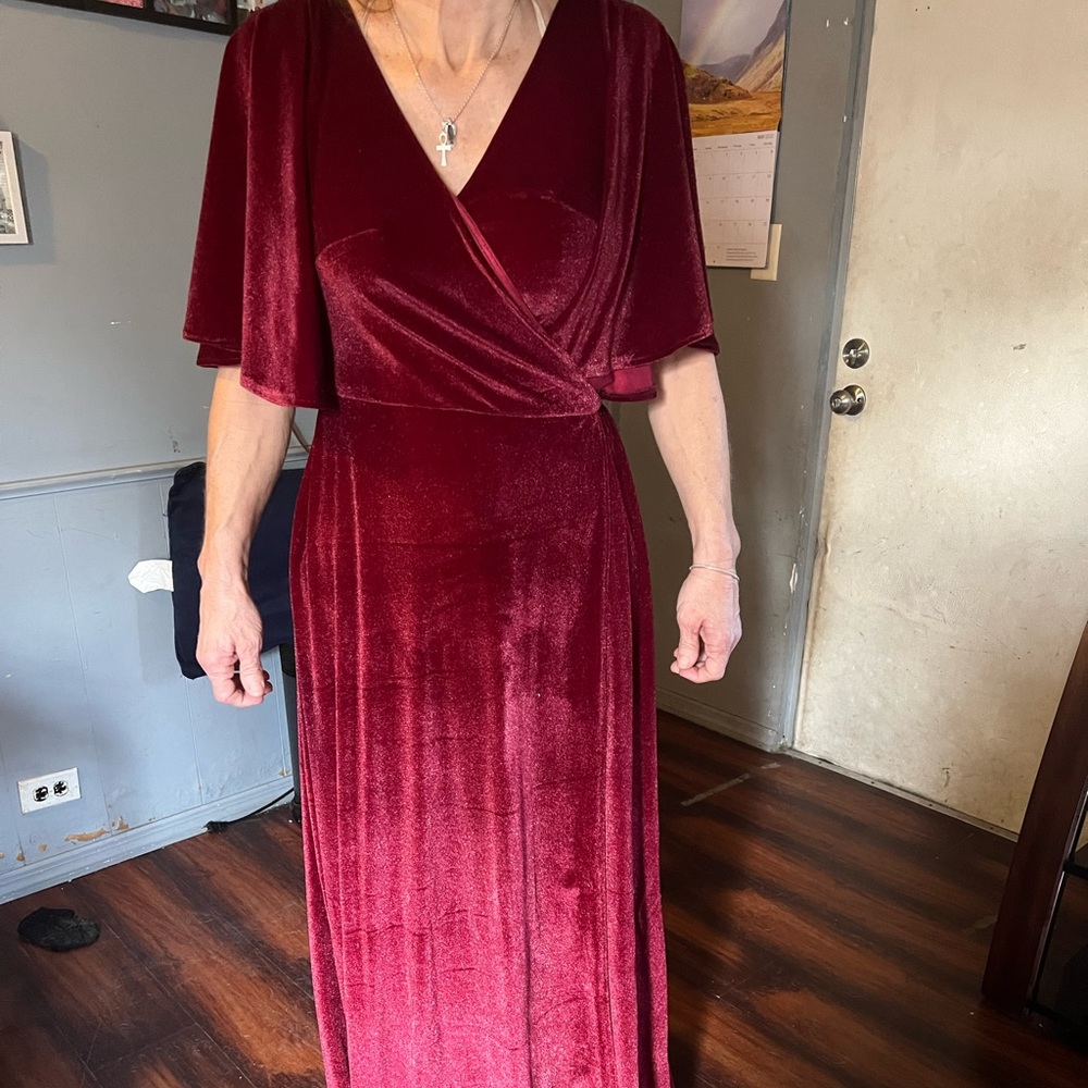 Burgundy bridesmaid dress.